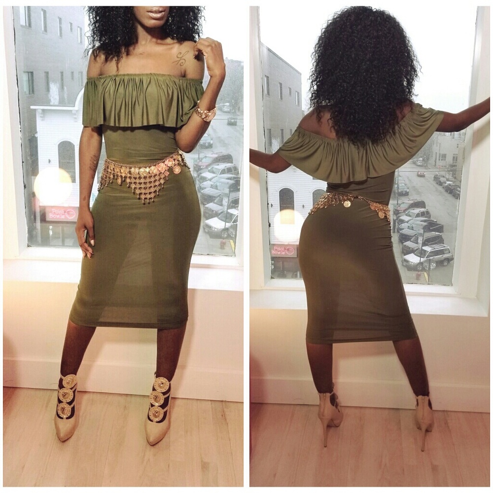 Olive green off the shoulder tube dress